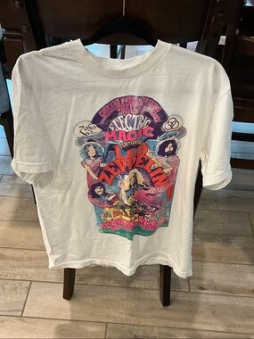 White Graphic Short Sleeve Tee with Multicolor Retro Band Print
